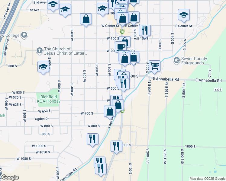 map of restaurants, bars, coffee shops, grocery stores, and more near 73 West 500 South in Richfield