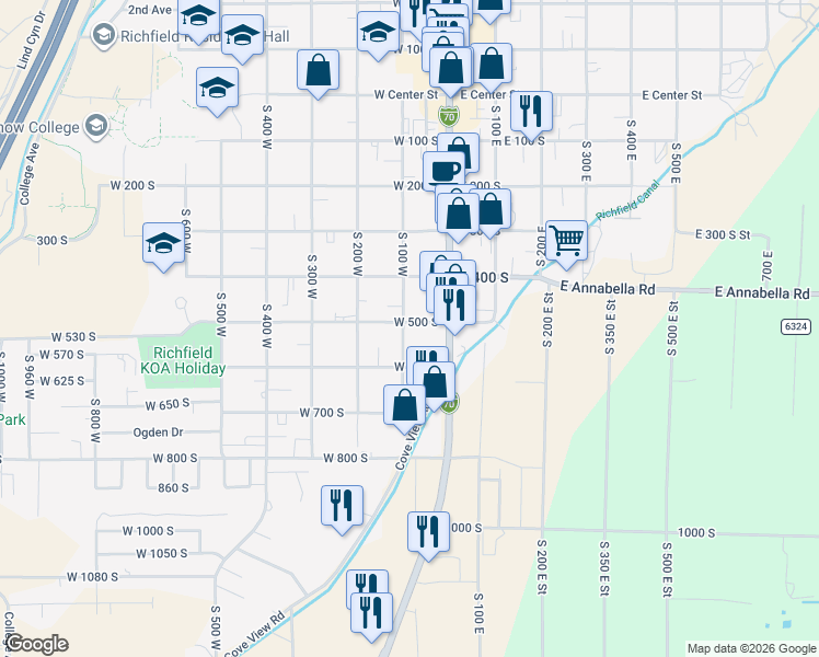 map of restaurants, bars, coffee shops, grocery stores, and more near 73 West 500 South in Richfield