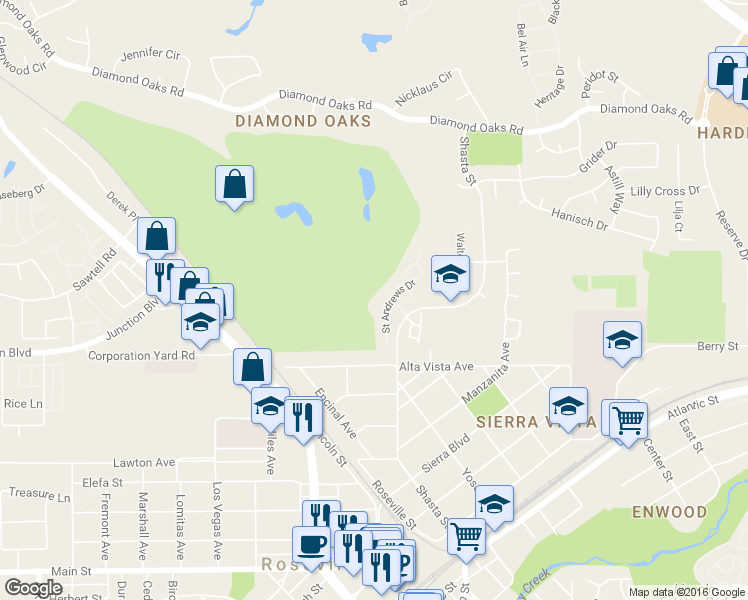 map of restaurants, bars, coffee shops, grocery stores, and more near 304 Inverness Court in Roseville