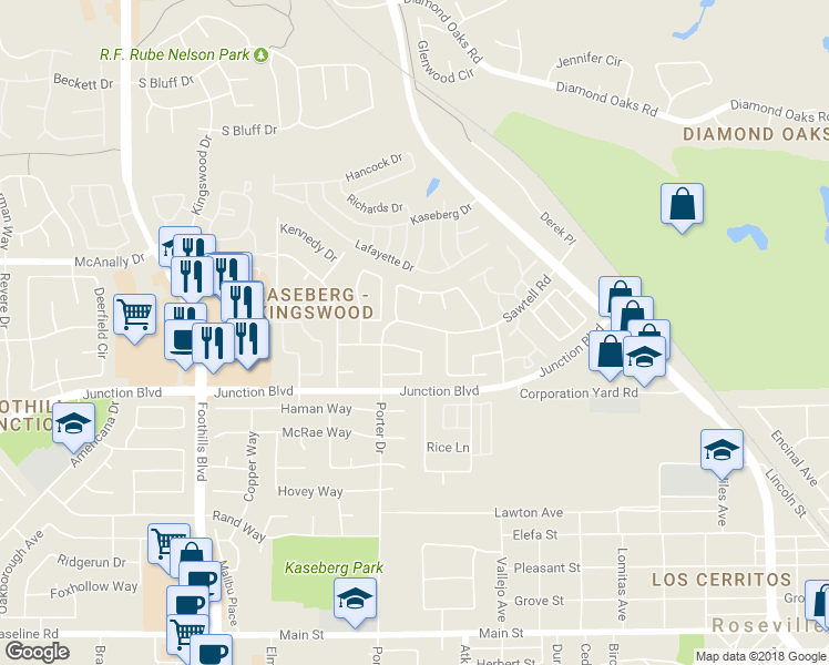 map of restaurants, bars, coffee shops, grocery stores, and more near 343 Sawtell Road in Roseville