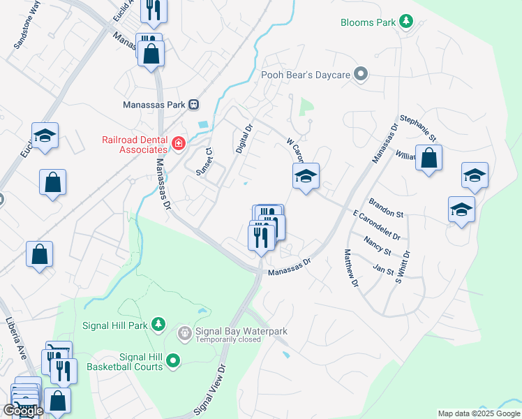 map of restaurants, bars, coffee shops, grocery stores, and more near 9224 Andrew Drive in Manassas Park