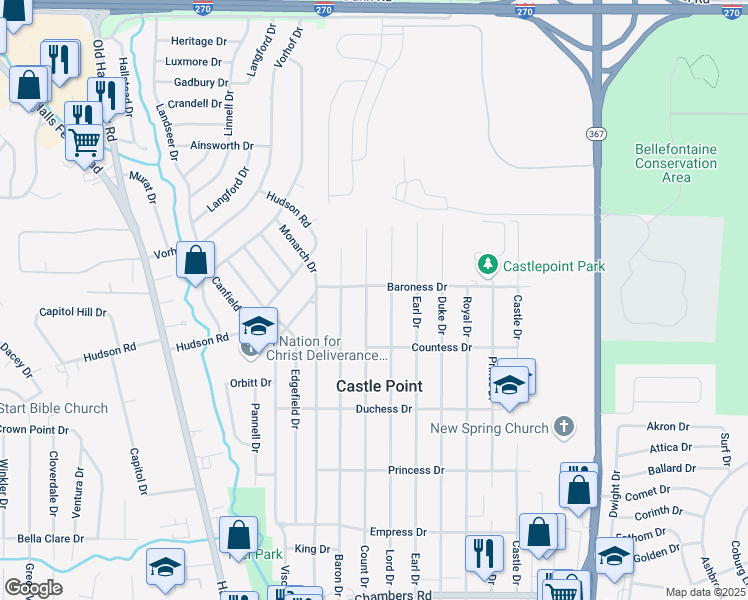 map of restaurants, bars, coffee shops, grocery stores, and more near 10501 Count Drive in St. Louis