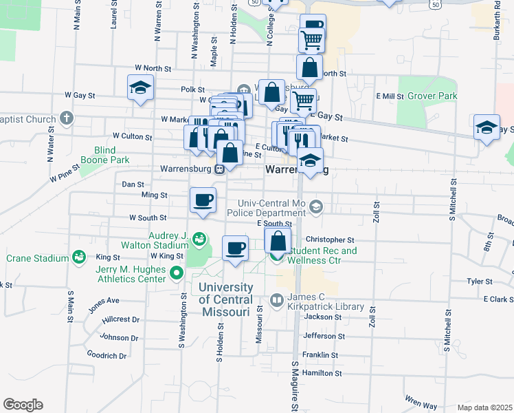 map of restaurants, bars, coffee shops, grocery stores, and more near 200 Grover Street in Warrensburg