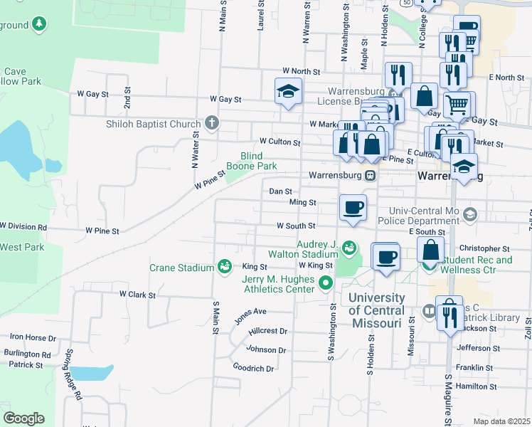 map of restaurants, bars, coffee shops, grocery stores, and more near 325 Ming Street in Warrensburg