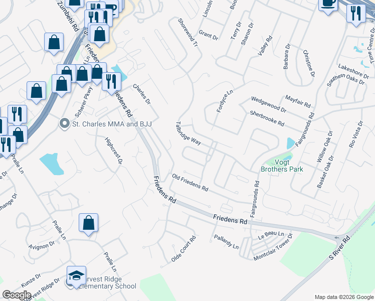 map of restaurants, bars, coffee shops, grocery stores, and more near 1053 Pierpoint Lane in Saint Charles