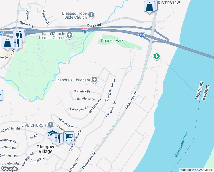 map of restaurants, bars, coffee shops, grocery stores, and more near 10824 Glen Garry Road in St. Louis