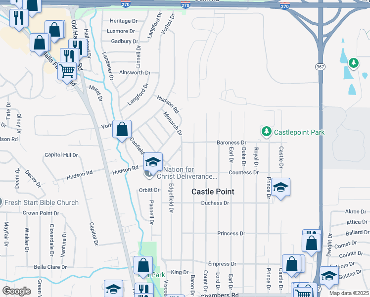 map of restaurants, bars, coffee shops, grocery stores, and more near 2241 Baroness Drive in St. Louis