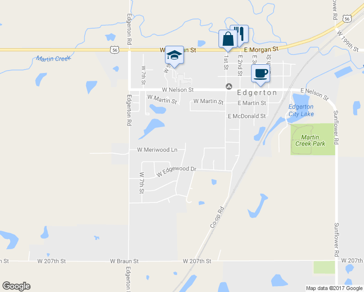 map of restaurants, bars, coffee shops, grocery stores, and more near 400 West Meriwood Lane in Edgerton