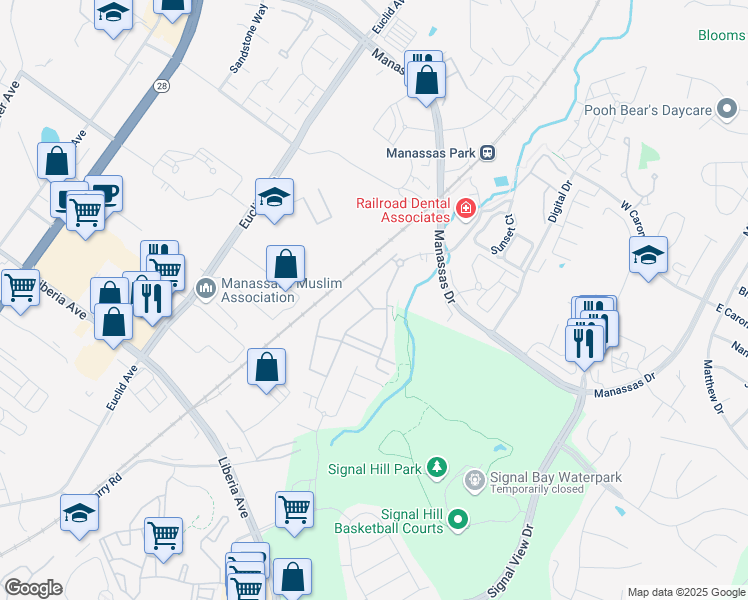 map of restaurants, bars, coffee shops, grocery stores, and more near 8180 Tudor Hall Lane in Old Town Manassas