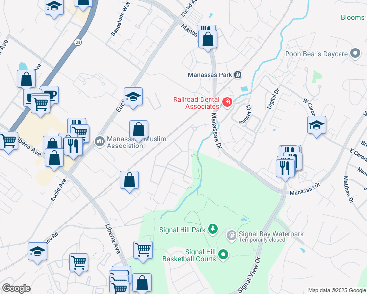map of restaurants, bars, coffee shops, grocery stores, and more near 8180 Tudor Hall Lane in Manassas