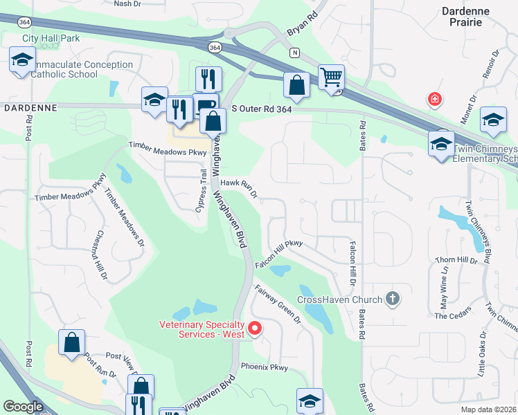 map of restaurants, bars, coffee shops, grocery stores, and more near 640 Hawk Run Drive in O'Fallon