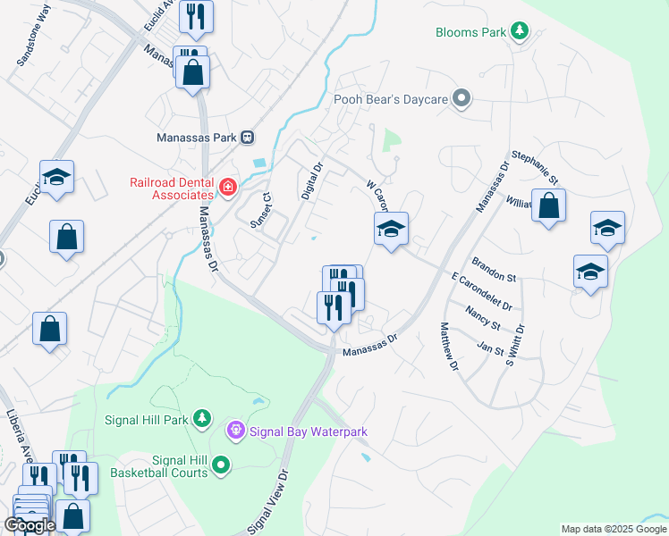 map of restaurants, bars, coffee shops, grocery stores, and more near 9228 Andrew Drive in Manassas Park