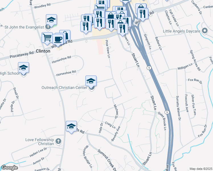 map of restaurants, bars, coffee shops, grocery stores, and more near 9309 Caldran Drive in Clinton