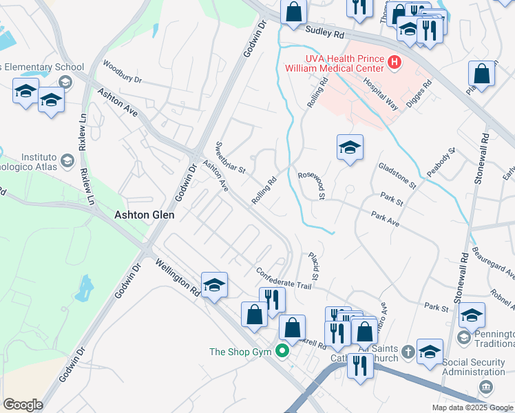 map of restaurants, bars, coffee shops, grocery stores, and more near 8961 Rolling Road in Manassas