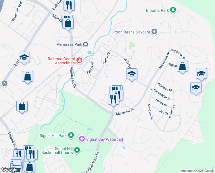 map of restaurants, bars, coffee shops, grocery stores, and more near 9224 Kristy Drive in Manassas Park