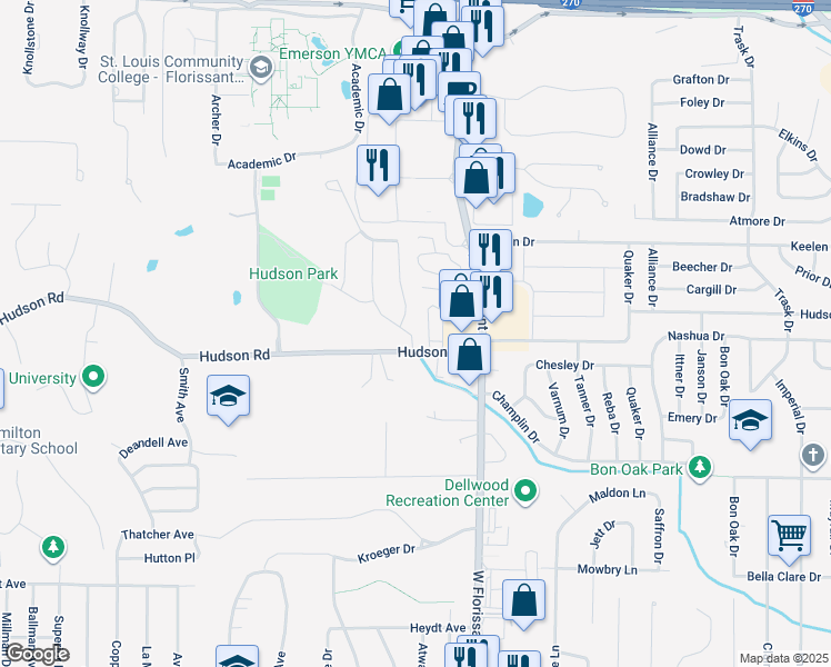 map of restaurants, bars, coffee shops, grocery stores, and more near 1334 Chapleton Drive in St. Louis