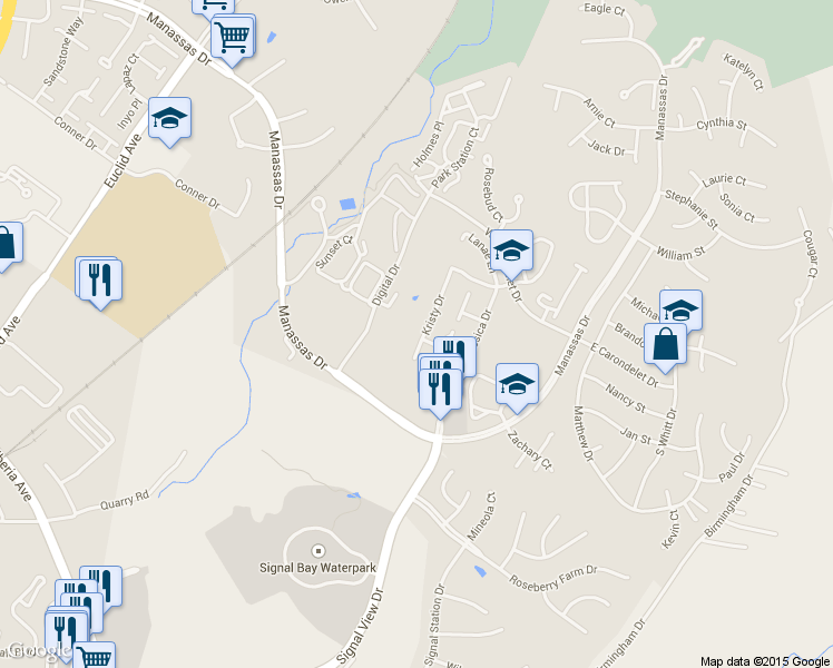 map of restaurants, bars, coffee shops, grocery stores, and more near 9224 Kristy Drive in Manassas Park