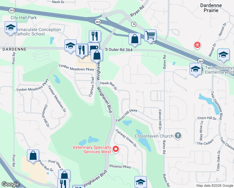 map of restaurants, bars, coffee shops, grocery stores, and more near 630 Hawk Run Drive in O'Fallon