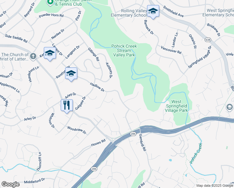 map of restaurants, bars, coffee shops, grocery stores, and more near 7215 Hadlow Drive in Springfield