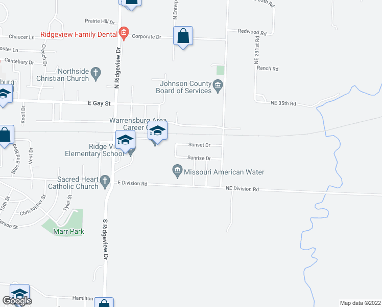 map of restaurants, bars, coffee shops, grocery stores, and more near 1711 Sunrise Drive in Warrensburg