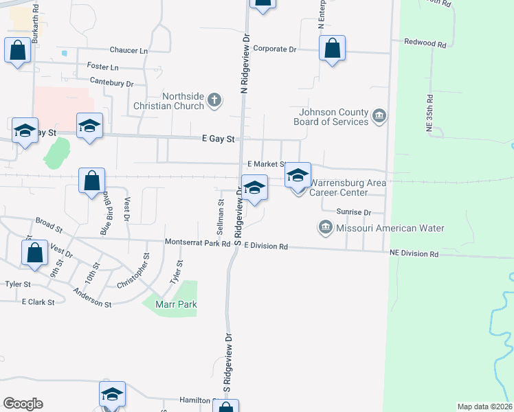 map of restaurants, bars, coffee shops, grocery stores, and more near 205 South Ridgeview Drive in Warrensburg