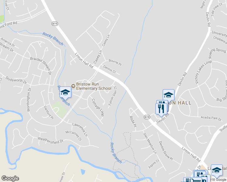 map of restaurants, bars, coffee shops, grocery stores, and more near 9016 Falcon Glen Court in Bristow