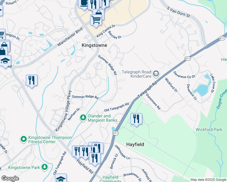map of restaurants, bars, coffee shops, grocery stores, and more near 7208 Cherwell Lane in Alexandria