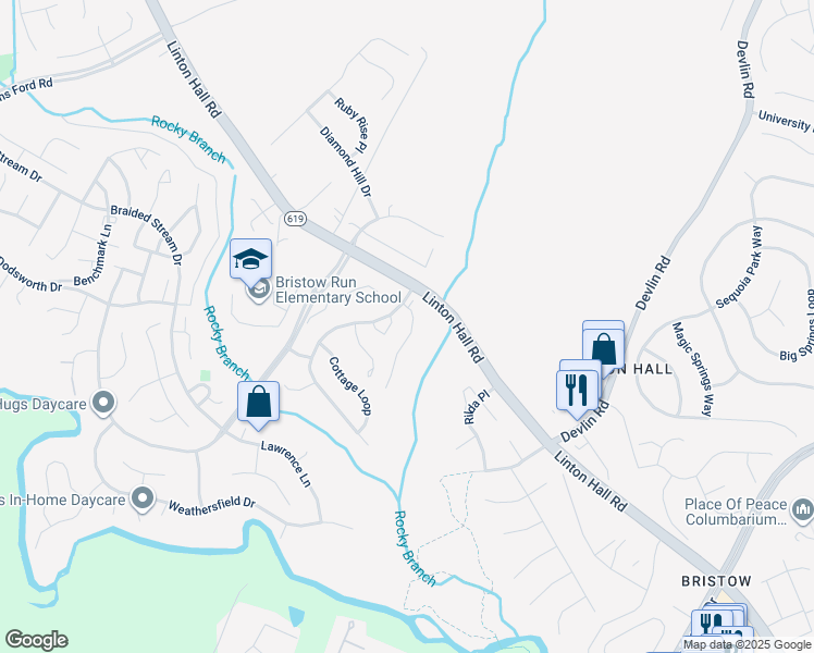 map of restaurants, bars, coffee shops, grocery stores, and more near 9016 Falcon Glen Court in Bristow