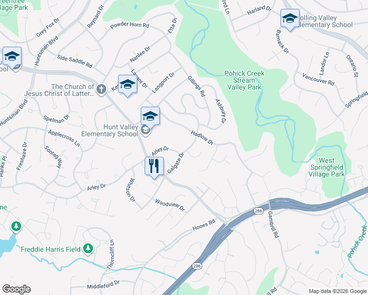 map of restaurants, bars, coffee shops, grocery stores, and more near 7110 Galgate Drive in Springfield