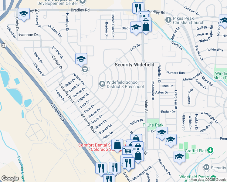 map of restaurants, bars, coffee shops, grocery stores, and more near 241 Steven Drive in Colorado Springs