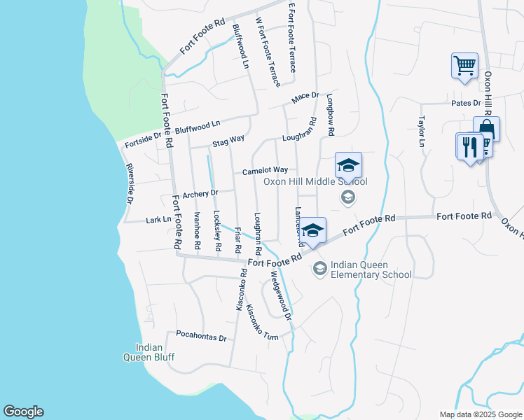 map of restaurants, bars, coffee shops, grocery stores, and more near 9300 Loughran Road in Fort Washington