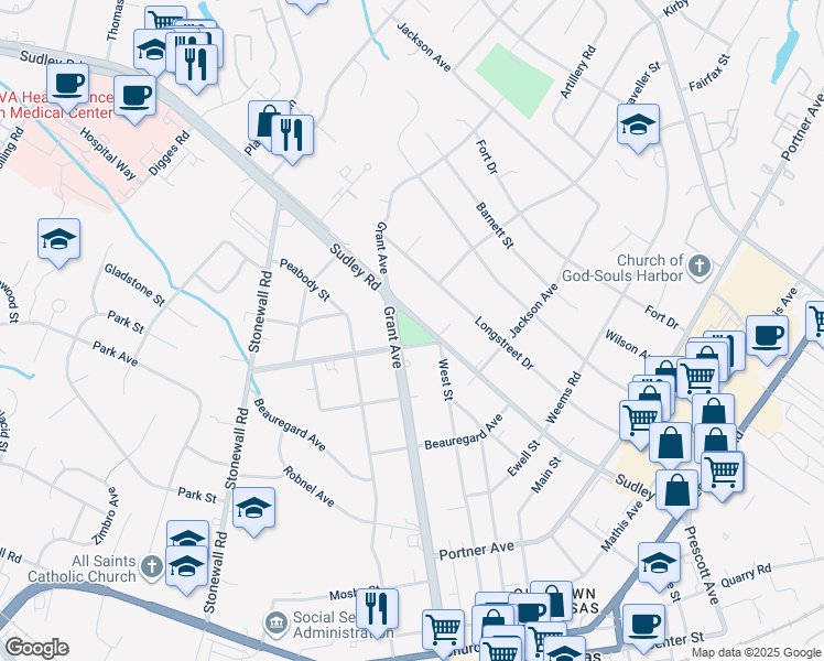 map of restaurants, bars, coffee shops, grocery stores, and more near 8915 Sudley Road in Manassas