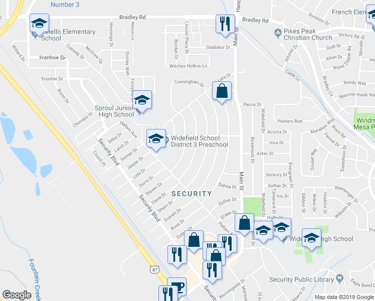 map of restaurants, bars, coffee shops, grocery stores, and more near 241 Steven Drive in Colorado Springs