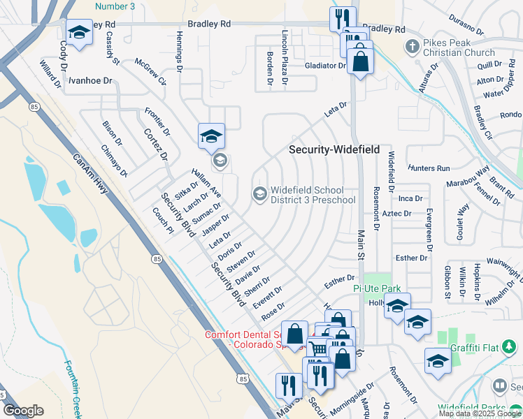map of restaurants, bars, coffee shops, grocery stores, and more near 209 Leta Drive in Colorado Springs