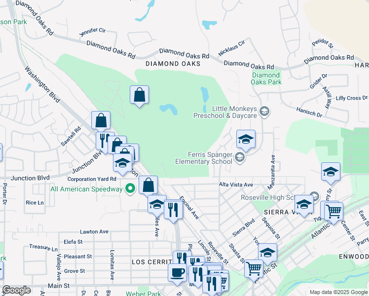 map of restaurants, bars, coffee shops, grocery stores, and more near 304 Inverness Court in Roseville