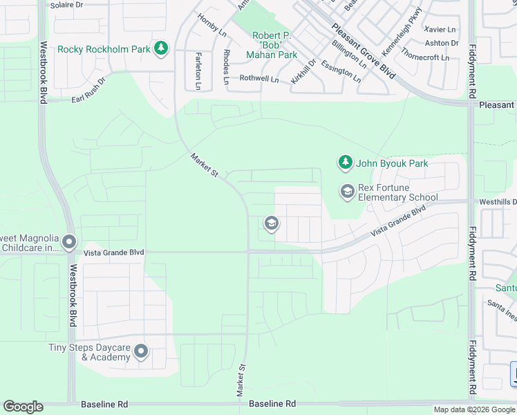 map of restaurants, bars, coffee shops, grocery stores, and more near Market Street in Roseville