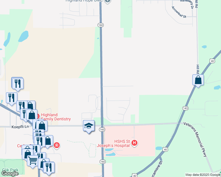 map of restaurants, bars, coffee shops, grocery stores, and more near 224 Flax Drive in Highland