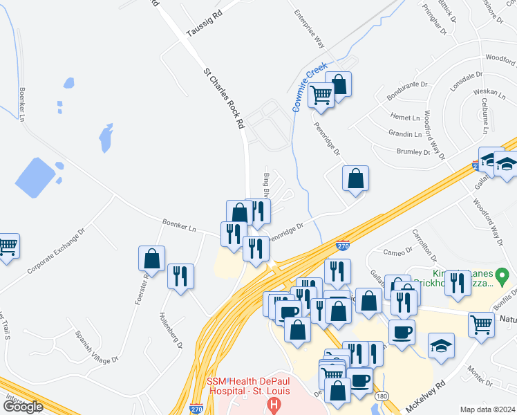 map of restaurants, bars, coffee shops, grocery stores, and more near 1-35 Bing Boulevard in Bridgeton