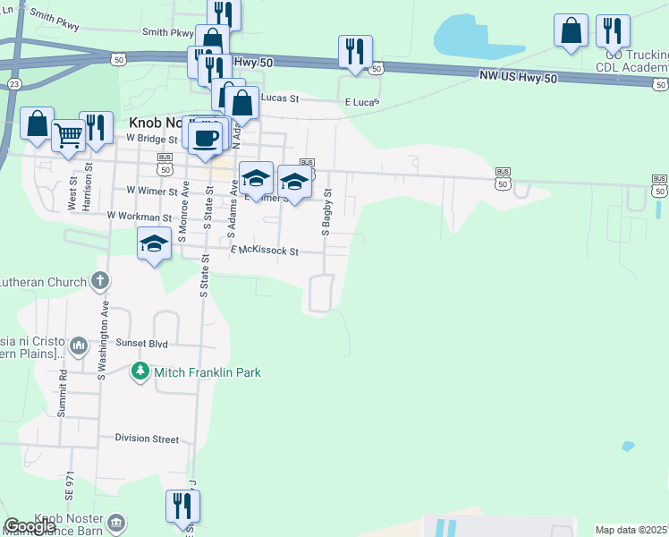 map of restaurants, bars, coffee shops, grocery stores, and more near 605 East McKissock Street in Knob Noster