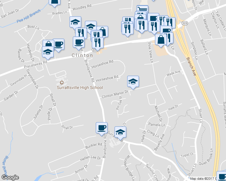 map of restaurants, bars, coffee shops, grocery stores, and more near 6520 Clinton Manor Drive in Clinton