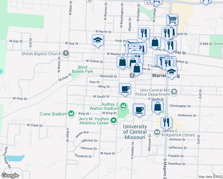 map of restaurants, bars, coffee shops, grocery stores, and more near 208 Ming Street in Warrensburg