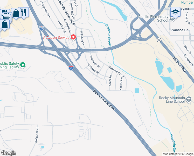 map of restaurants, bars, coffee shops, grocery stores, and more near 3203 Cliveden Heights in Colorado Springs