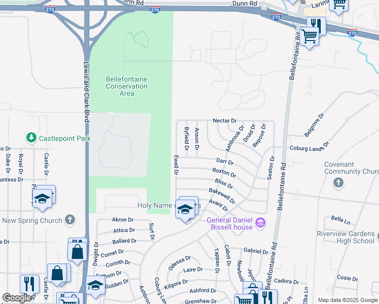 map of restaurants, bars, coffee shops, grocery stores, and more near 10506 Byfield Drive in St. Louis