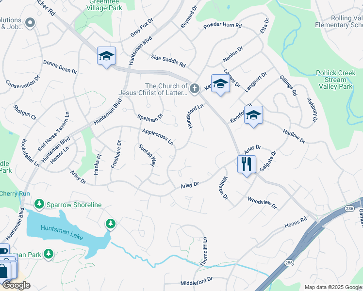 map of restaurants, bars, coffee shops, grocery stores, and more near 7114 Hundsford Lane in Springfield