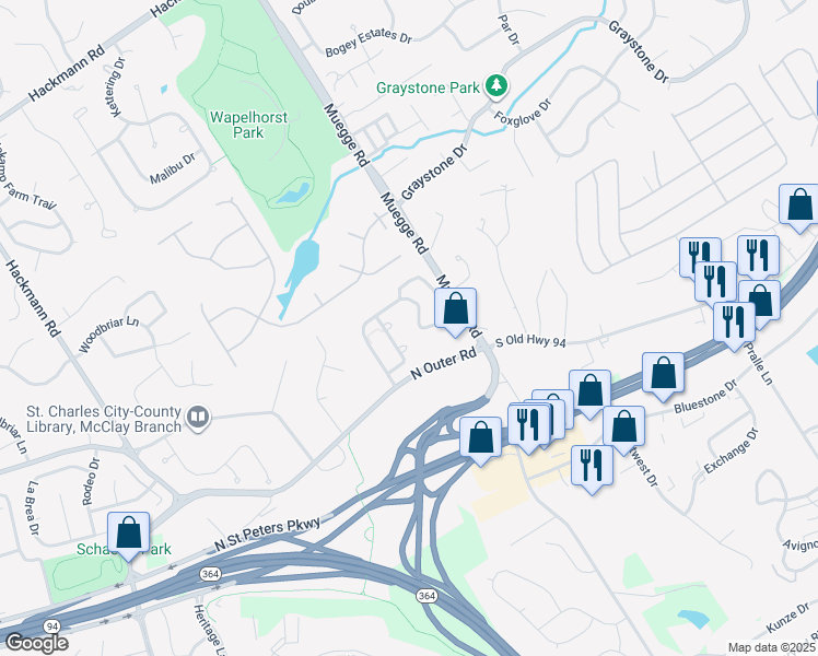 map of restaurants, bars, coffee shops, grocery stores, and more near 1831 Florine Court in Saint Charles