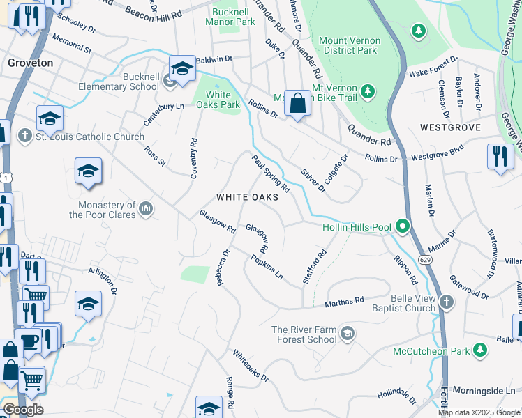 map of restaurants, bars, coffee shops, grocery stores, and more near 7204 Beechwood Road in Alexandria