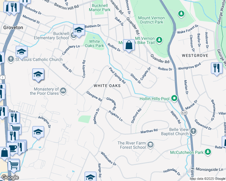 map of restaurants, bars, coffee shops, grocery stores, and more near 7204 Beechwood Road in Alexandria