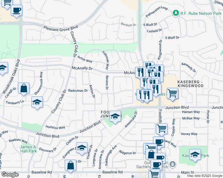 map of restaurants, bars, coffee shops, grocery stores, and more near 1492 Deerfield Circle in Roseville