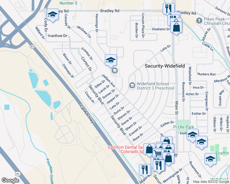 map of restaurants, bars, coffee shops, grocery stores, and more near 132 Sumac Drive in Colorado Springs