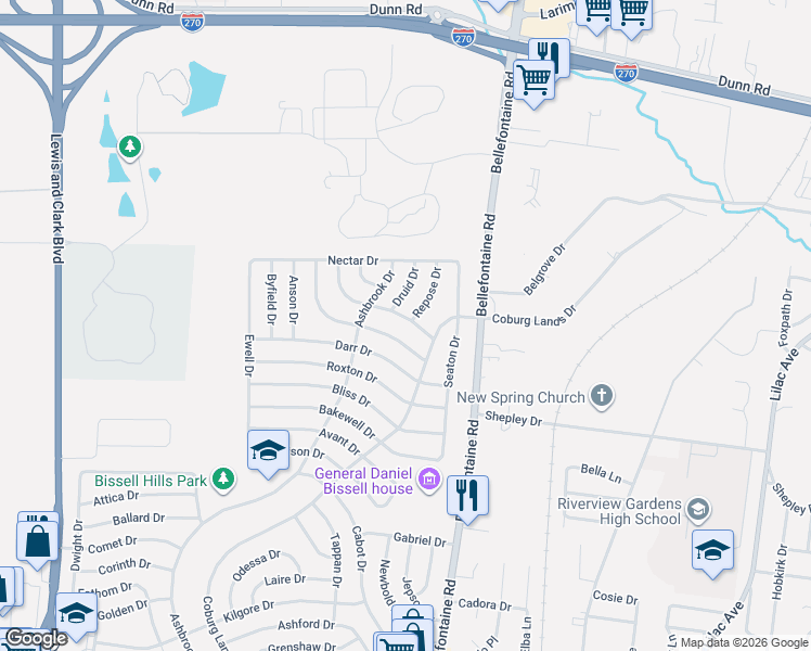 map of restaurants, bars, coffee shops, grocery stores, and more near 1124 Esquire Drive in St. Louis